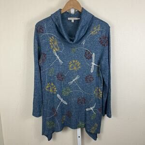 Jess & Jane Floral Dragonfly Cowl Neck Tunic Top Womens S Small Blue USA